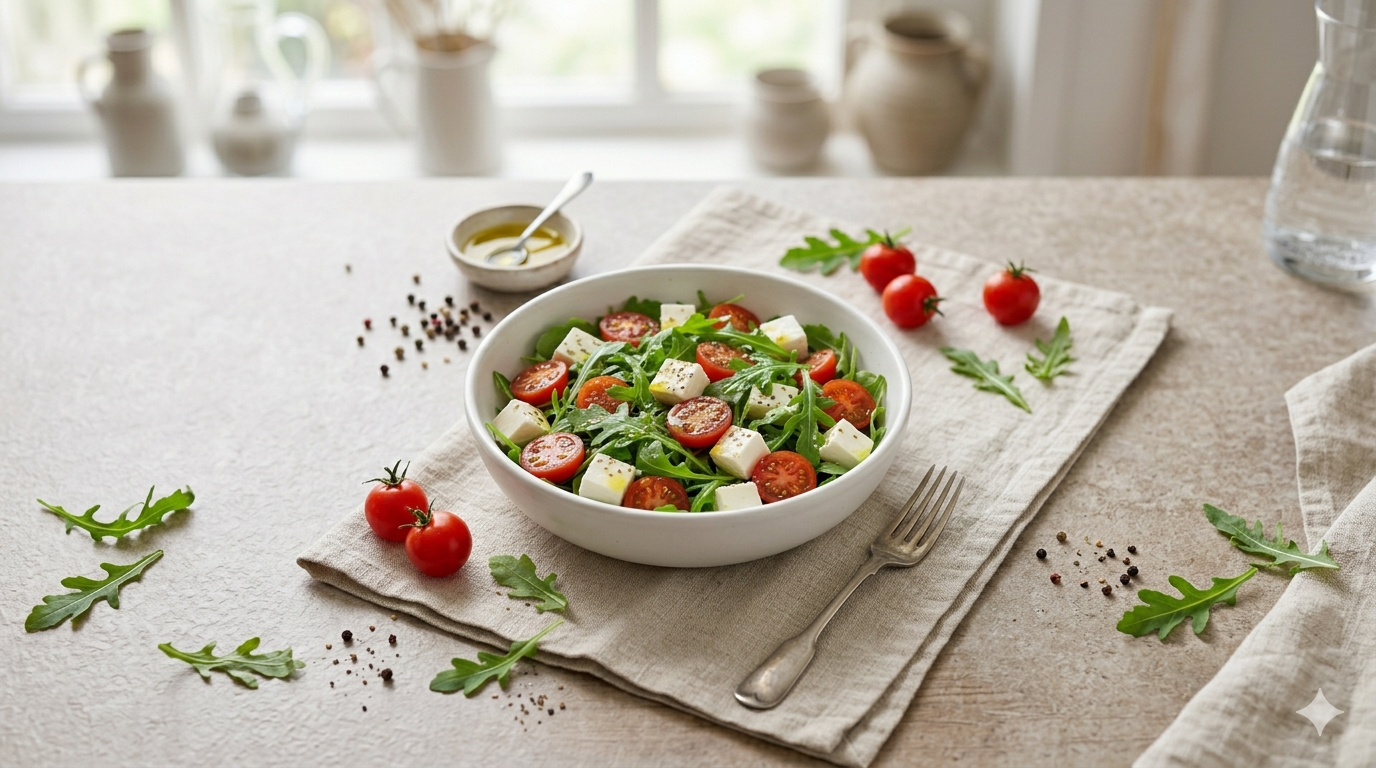 Receita - Salada de Rúcula, Tomate Cherry e Queijo Feta